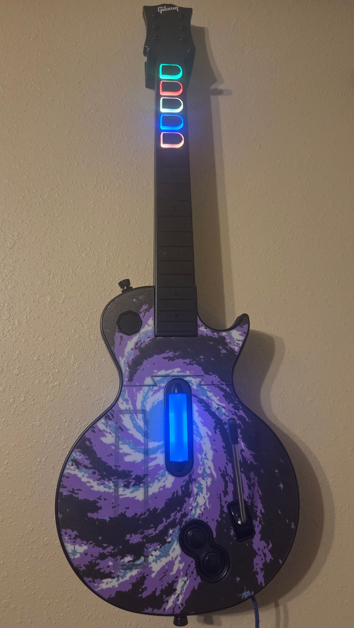 Custom Clone Hero Les Paul Controller (Wii Body) - Purple Galaxy Faceplate and Two-Tone RGB Frets