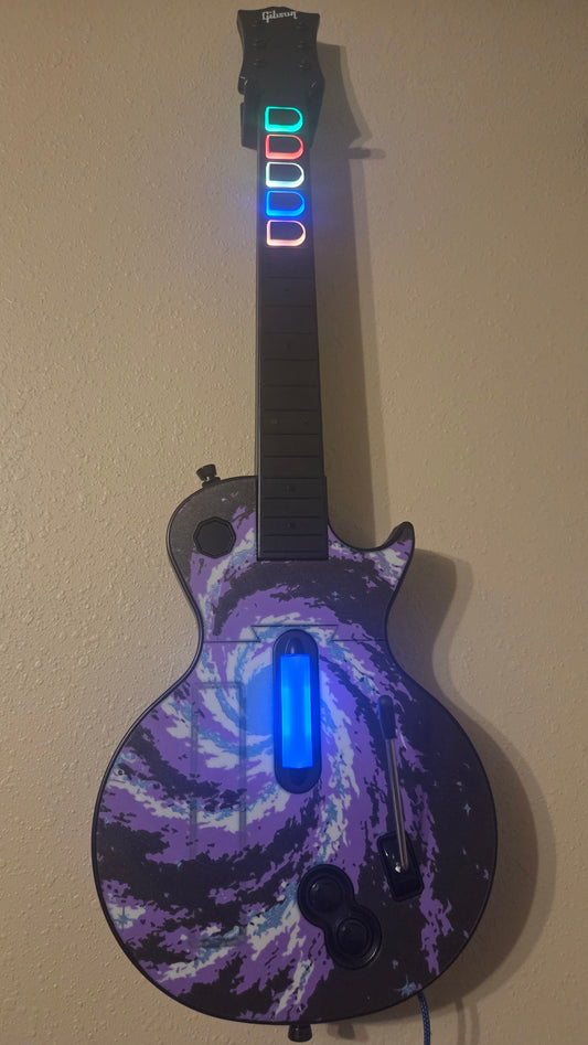 Custom Clone Hero Les Paul Controller (Wii Body) - Purple Galaxy Faceplate and Two-Tone RGB Frets